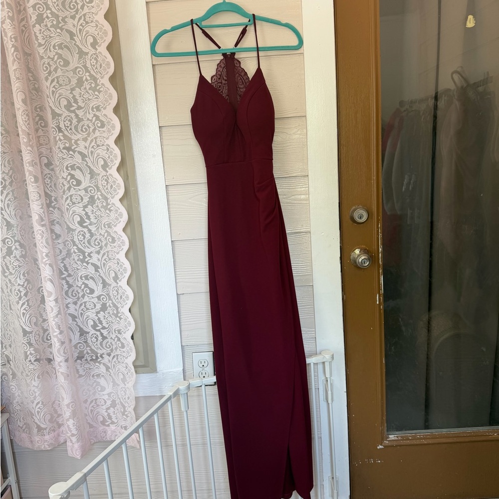 Honey and Rosie Burgundy Lace-Back Maxi Dress